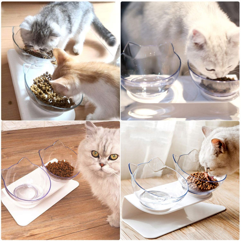 Gamelle Chat Surélevée Inclinée Anti-vomissements - Avec Distributeur Automatique Eau 500 Ml - Anti-glouton Et Antidérapante
